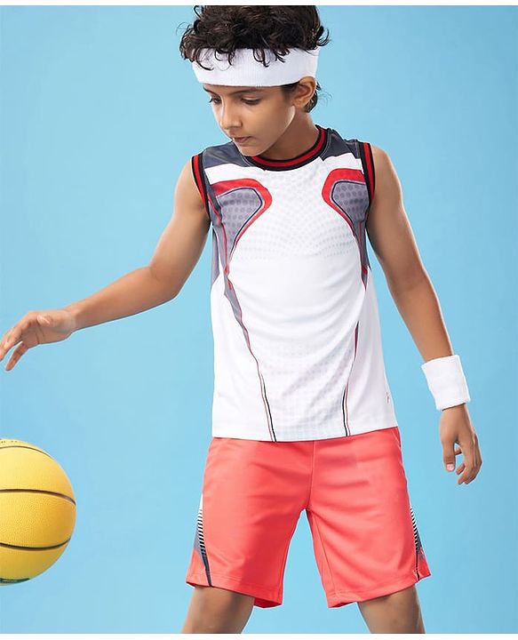 Pine Active Knit Sleeveless Color Block T-Shirt & Shorts Set - White & Red