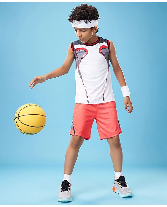 Pine Active Knit Sleeveless Color Block T-Shirt & Shorts Set - White & Red