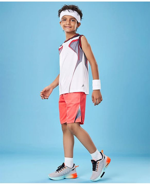 Pine Active Knit Sleeveless Color Block T-Shirt & Shorts Set - White & Red