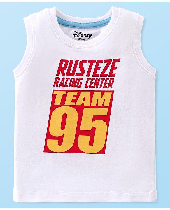 Babyhug Disney Cars 100% Cotton Knit Half Sleeves Regular Collar printed Shirt with Sleeveless T-Shirt- White & Red