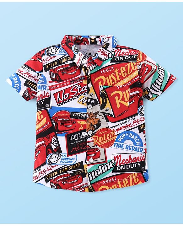 Babyhug Disney Cars 100% Cotton Knit Half Sleeves Regular Collar printed Shirt with Sleeveless T-Shirt- White & Red