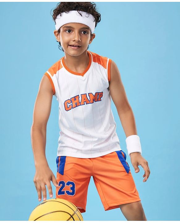 Pine Active Knit Sleeveless Athleisure T-Shirt & Shorts Set Text & Number Print - White & Orange