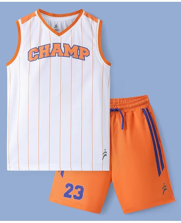 Pine Active Knit Sleeveless Athleisure T-Shirt & Shorts Set Text & Number Print - White & Orange