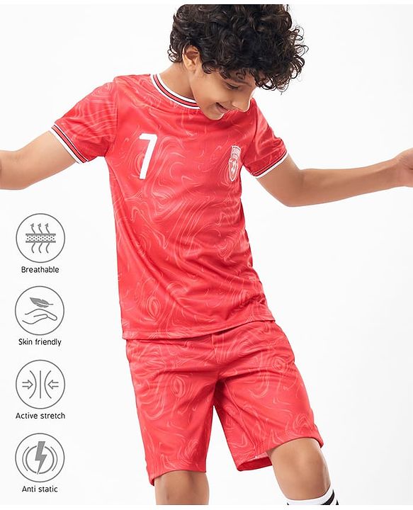 Pine Active Knit Half Sleeves Athleisure T-Shirt & Shorts Set Text & Number Print - Red
