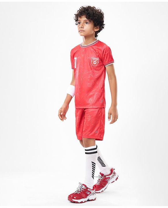 Pine Active Knit Half Sleeves Athleisure T-Shirt & Shorts Set Text & Number Print - Red