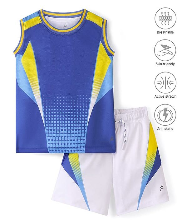 Pine Active Knit Sleeveless Printed T-Shirt & Shorts Set - Blue