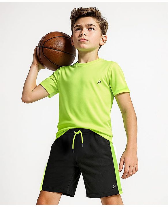 Pine Active Knit Half Sleeves Solid T-Shirt & Shorts Set - Neon Green & Black