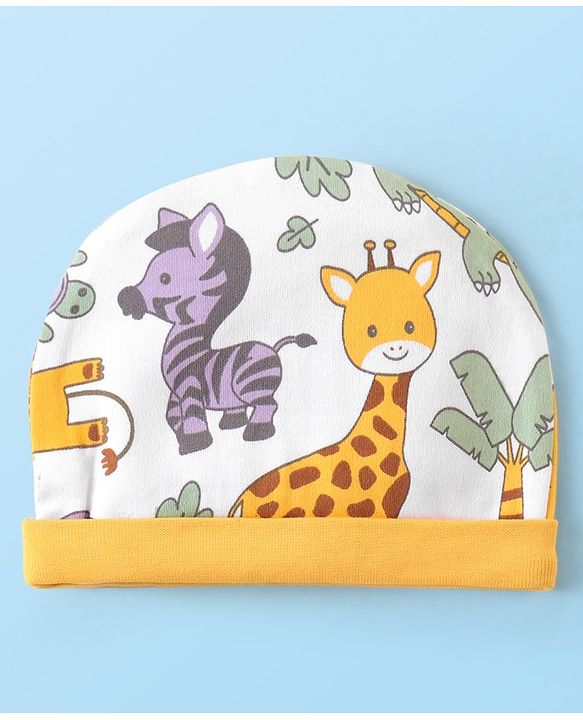 Babyhug 100% Cotton Cap Mittens & Booties Animal Print - Multicolour