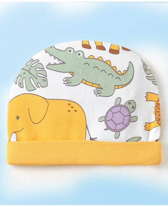 Babyhug 100% Cotton Cap Mittens & Booties Animal Print - Multicolour