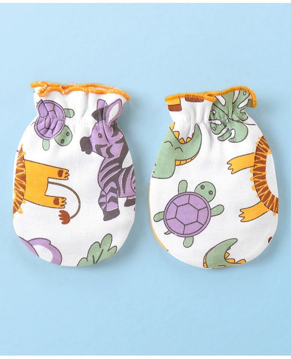 Babyhug 100% Cotton Cap Mittens & Booties Animal Print - Multicolour