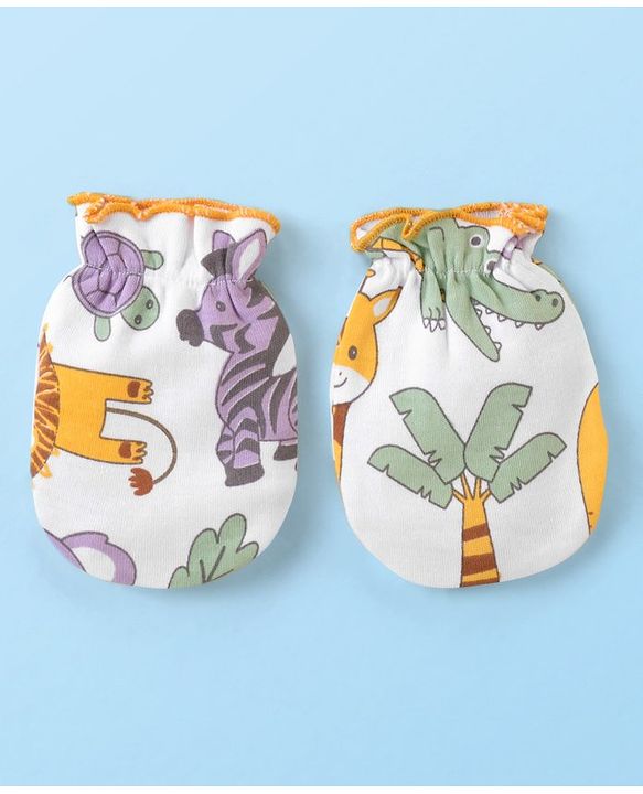 Babyhug 100% Cotton Cap Mittens & Booties Animal Print - Multicolour