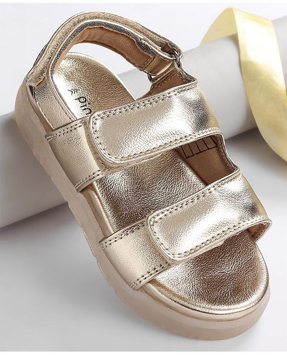 Pine Kids Solid Colour Party Wear Sandals with Velcro Closure - Golden