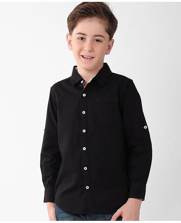 Pine Kids Cotton Woven Full Sleeves Solid Colour Shirt - Black