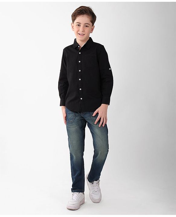 Pine Kids Cotton Woven Full Sleeves Solid Colour Shirt - Black