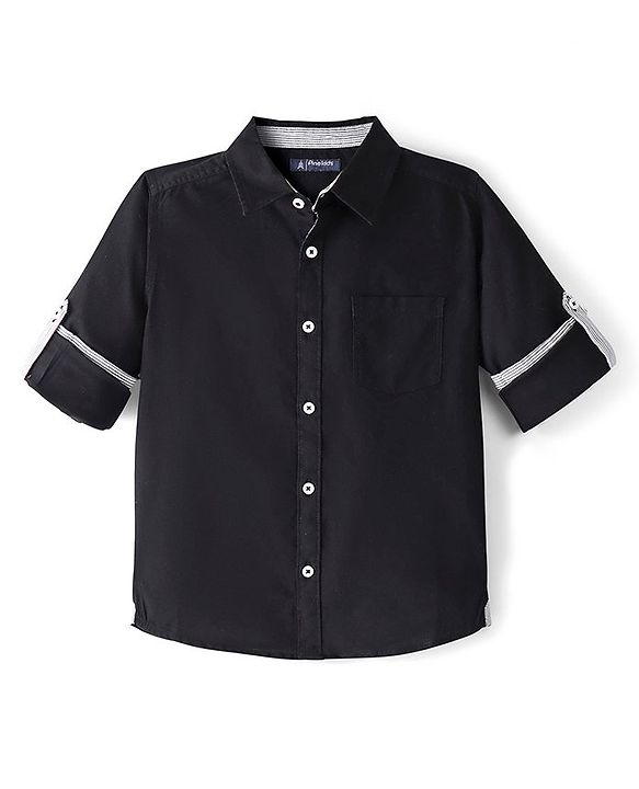Pine Kids Cotton Woven Full Sleeves Solid Colour Shirt - Black