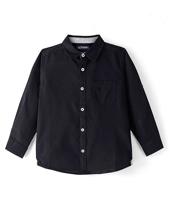 Pine Kids Cotton Woven Full Sleeves Solid Colour Shirt - Black