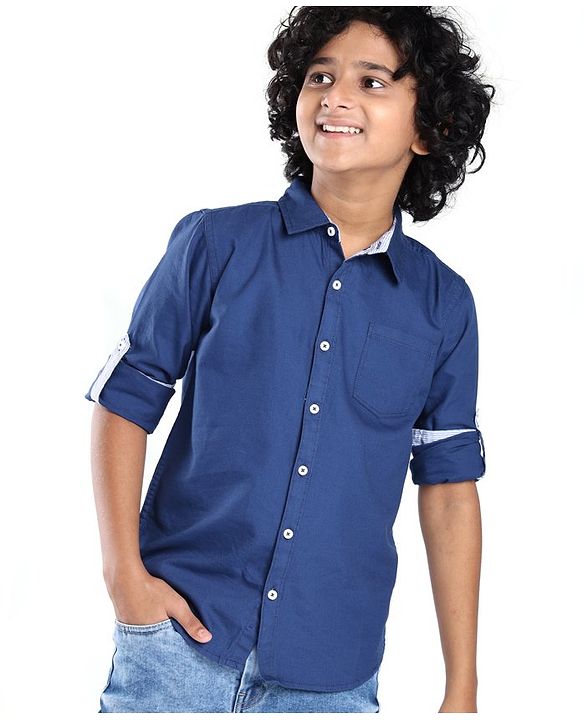 Pine Kids  Cotton Woven Full Sleeves Shirt Solid Colour- Navy Blue