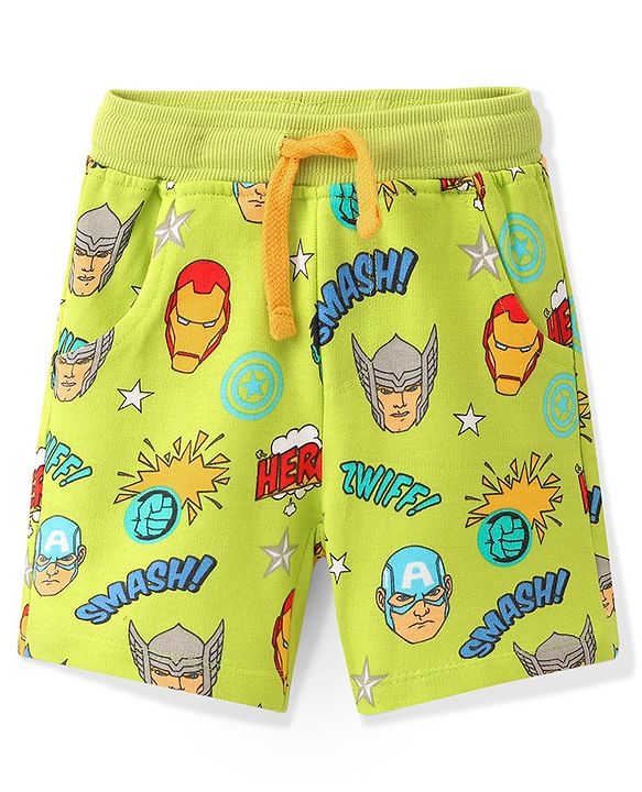 Babyhug Marvel Cotton Terry Knit Shorts Avengers Print - Lime Green