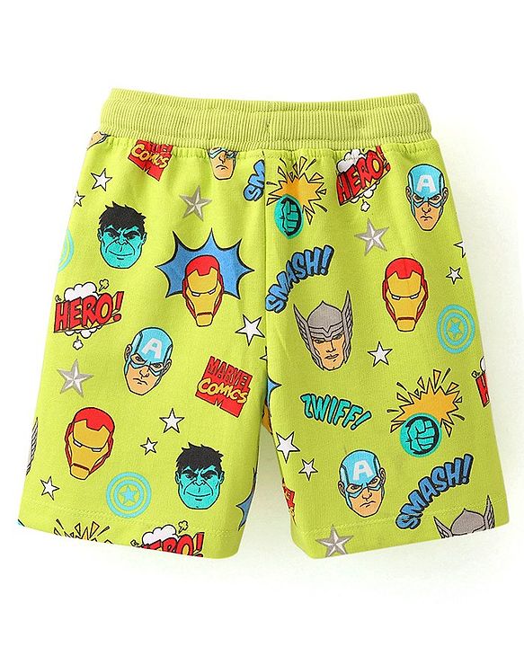 Babyhug Marvel Cotton Terry Knit Shorts Avengers Print - Lime Green