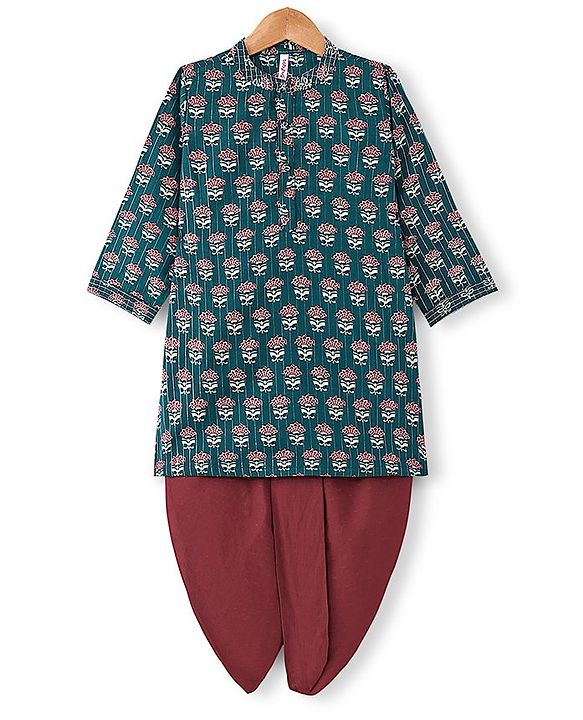 Babyhug 100% Cotton Woven Full Sleeves Kurta & Dhoti Set With Ikat Print - Green & Maroon