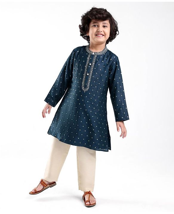 Babyhug Woven Full Sleeves Kurta & Pyjama Set With Foil Print - Navy Blue