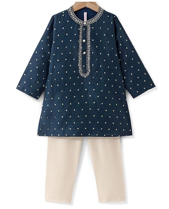 Babyhug Woven Full Sleeves Kurta & Pyjama Set With Foil Print - Navy Blue