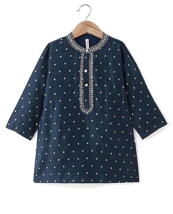 Babyhug Woven Full Sleeves Kurta & Pyjama Set With Foil Print - Navy Blue