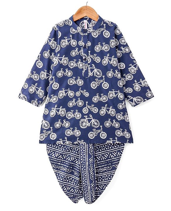 Babyhug 100% Cotton Woven Full Sleeves Kurta & Dhoti Set With Cycle Print - Indigo