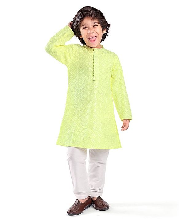 Babyhug Woven Full Sleeves Embroidered Kurta & Pyjama Set - Lime Yellow