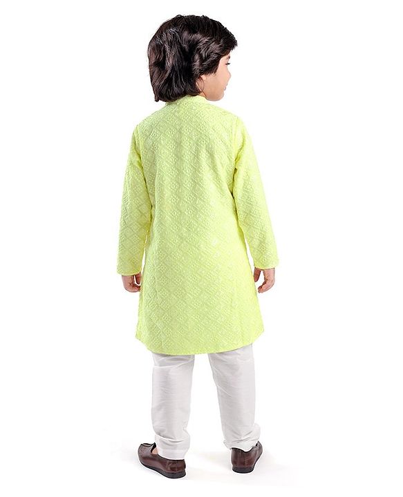 Babyhug Woven Full Sleeves Embroidered Kurta & Pyjama Set - Lime Yellow