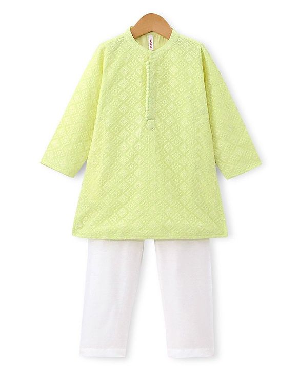 Babyhug Woven Full Sleeves Embroidered Kurta & Pyjama Set - Lime Yellow