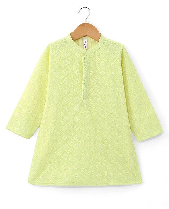 Babyhug Woven Full Sleeves Embroidered Kurta & Pyjama Set - Lime Yellow