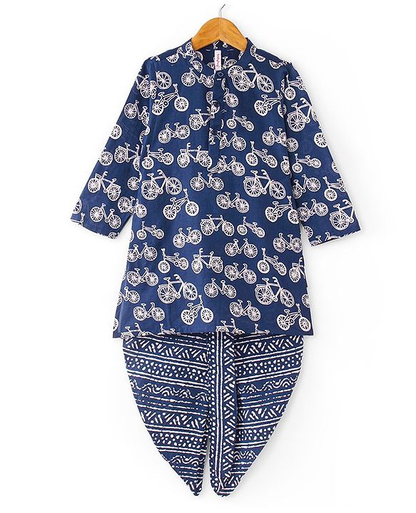 Babyhug 100% Cotton Woven Full Sleeves Kurta & Dhoti Set With Cycle Print - Navy Blue
