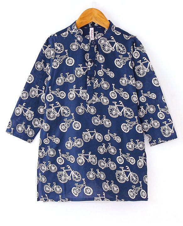 Babyhug 100% Cotton Woven Full Sleeves Kurta & Dhoti Set With Cycle Print - Navy Blue