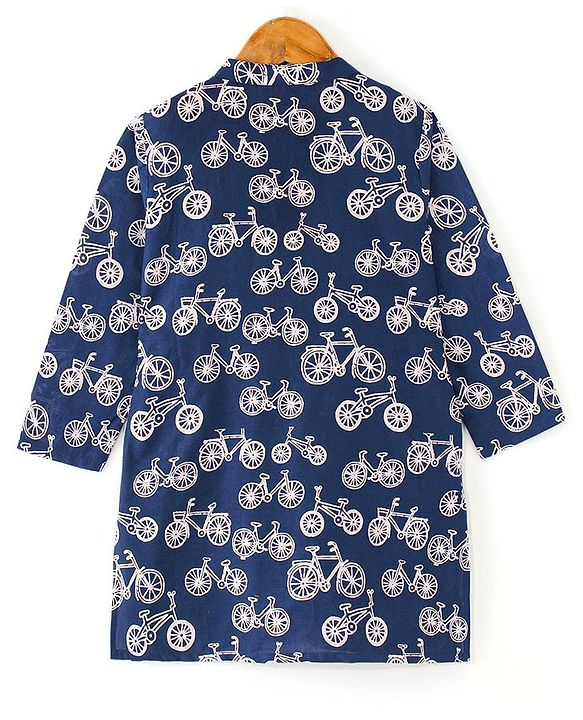 Babyhug 100% Cotton Woven Full Sleeves Kurta & Dhoti Set With Cycle Print - Navy Blue