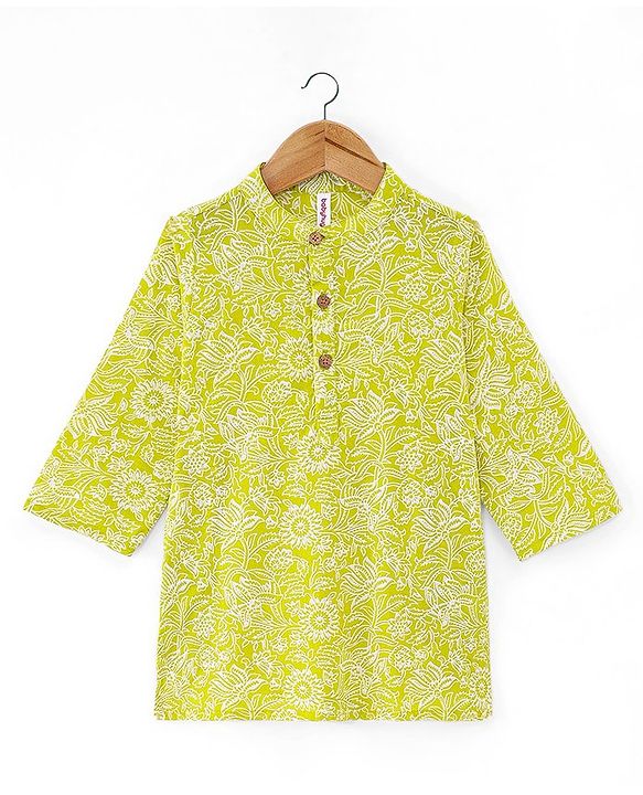 Babyhug 100% Cotton Woven Full Sleeves Floral Printed Kurta Dhoti Set-Green