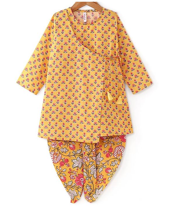 Babyhug Cotton Woven Full Sleeves Angarakha Kurta Dhoti Set Floral Print- Mustard