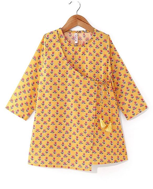 Babyhug Cotton Woven Full Sleeves Angarakha Kurta Dhoti Set Floral Print- Mustard
