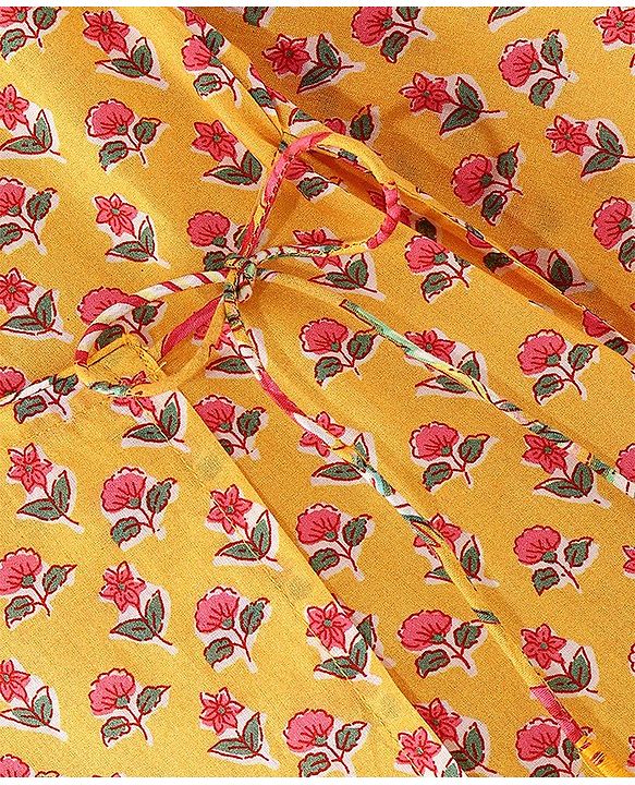 Babyhug Cotton Woven Full Sleeves Angarakha Kurta Dhoti Set Floral Print- Mustard