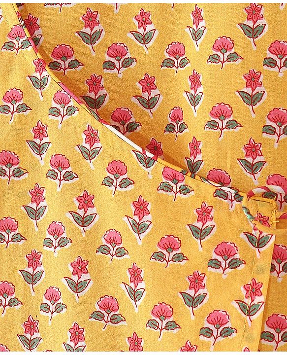 Babyhug Cotton Woven Full Sleeves Angarakha Kurta Dhoti Set Floral Print- Mustard