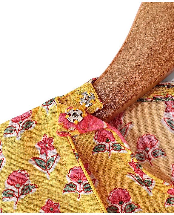 Babyhug Cotton Woven Full Sleeves Angarakha Kurta Dhoti Set Floral Print- Mustard