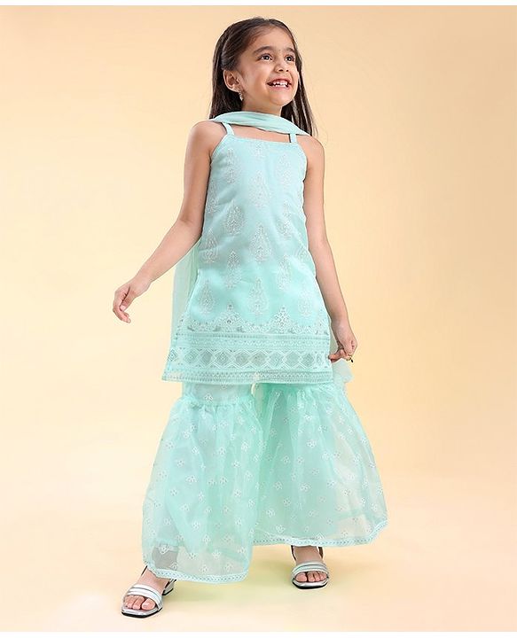 Babyhug Woven Sleeveless Kurti & Salwar Set with Dupatta with Floral Print & Embroidery Detailing - Aqua Blue