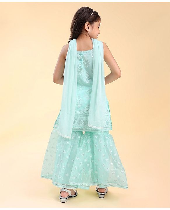 Babyhug Woven Sleeveless Kurti & Salwar Set with Dupatta with Floral Print & Embroidery Detailing - Aqua Blue