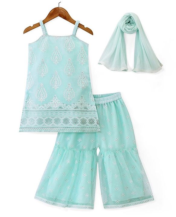 Babyhug Woven Sleeveless Kurti & Salwar Set with Dupatta with Floral Print & Embroidery Detailing - Aqua Blue