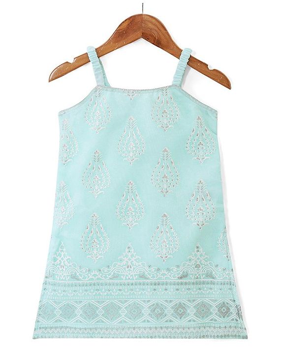 Babyhug Woven Sleeveless Kurti & Salwar Set with Dupatta with Floral Print & Embroidery Detailing - Aqua Blue