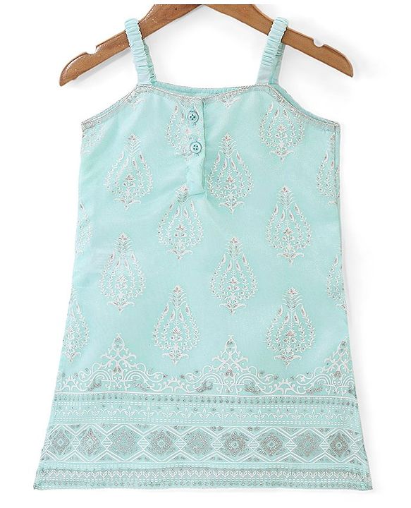 Babyhug Woven Sleeveless Kurti & Salwar Set with Dupatta with Floral Print & Embroidery Detailing - Aqua Blue