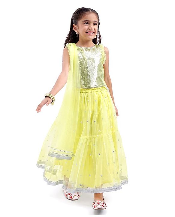 Babyhug Sleeveless Net Sequin Embroidered Lehenga Choli & Dupatta -Yellow