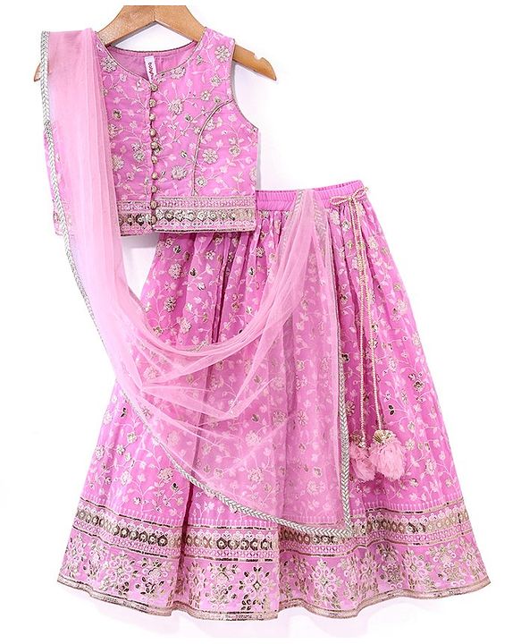 Babyhug Woven Sleeveless Net Sequined Embroidered Choli Lehenga & Dupatta Set - Pink