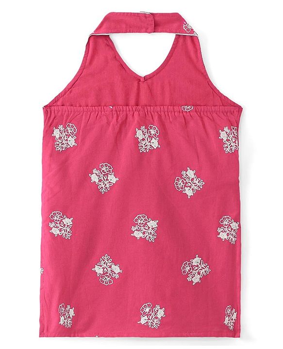 Babyhug Woven  Sleeveless Floral Embroidered Halter Neck Chanderi Kurti Palazo Set with Dupatta - Pink