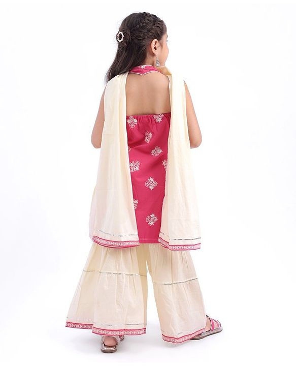 Babyhug Woven  Sleeveless Floral Embroidered Halter Neck Chanderi Kurti Palazo Set with Dupatta - Pink